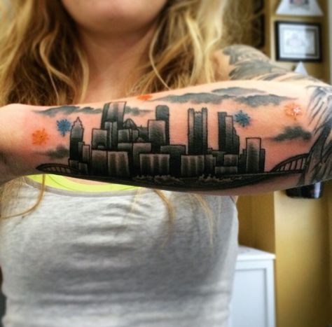 Pittsburgh skyline tattoo Pittsburgh Skyline Tattoo, Pittsburgh Tattoo Ideas, Pittsburgh Tattoo, Bridge Tattoo, Skyline Tattoo, Places To Get Tattoos, Pittsburgh Skyline, Best Tattoos, About Tattoo