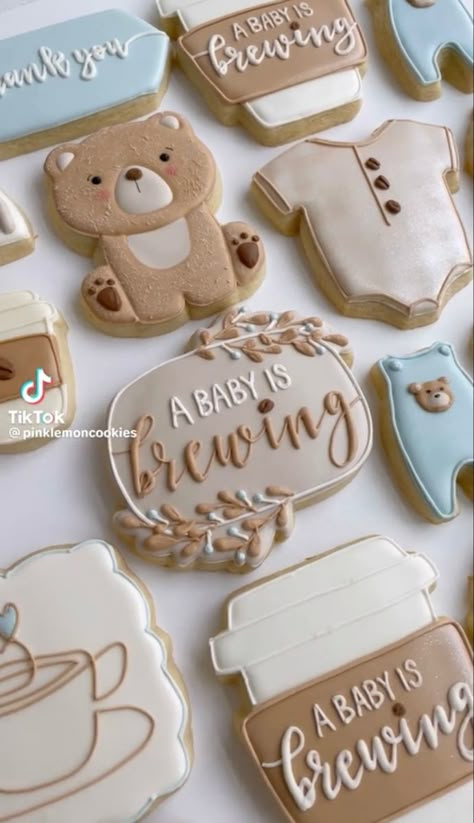 Gender Neutral Cookies Shower Ideas, Gender Reveal Coffee Theme, Coffee Themed Gender Reveal, A Baby Is Brewing Baby Shower Ideas Fall, Brewing Baby Shower Ideas Coffee, Coffee Theme Cookies, Bean Baby Shower Ideas, Coffee Baby Shower Cookies, Coffee Theme Gender Reveal