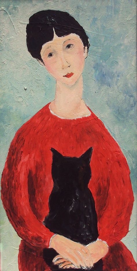 'girl, red dress, black cat' by amedeo modigliani Modigliani Portraits, Modigliani Art, Amedeo Modigliani, Wallpaper Cave, Naive Art, Wallpapers Hd, Cat Painting, Funny Art, Art Abstrait