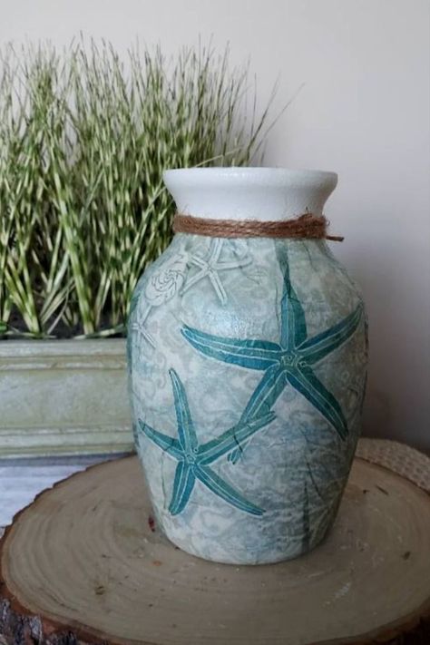 Nautical Vase Ideas, Beach Vase, Starfish Decor, Unique Vase, Beach Lover Gifts, Hand Painted Vases, Vase Flower, Unique Vases, Painted Vases