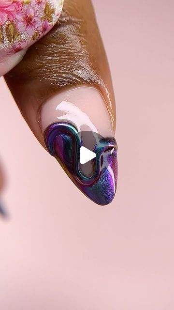 Yari’s Nails LLC on Instagram: "3D Mermaid 🧜🏻‍♀️  Products used for this look:  💜 @elegancenailsupply Je T’aime cover acrylic, Midnight Black gel polish, and Ultra Gloss top coat (use code YARI to save on your orders) 💙 @whatsupnails Paradise chrome powder 🖤 3D gel from Amazon (click the link in my bio to access my storefront, listed under “nail products”)  short nails, almond nails, short almond nails, 3d nail art, 3d nails, chrome nails, 3d chrome nails, 3d chrome nail art, mermaid nails, chameleon nails, color shifting nails, trendy nails, easy nail art, fun nail art, nail ideas, nail Inspo, multicolor nails, nail videos, nail tutorials" Aurora Film Nails, How To Do 3d Chrome Nails, 3 D Gel Nail Art, Chrome 3d Nails Designs, 3d Nail Art Design, 3d Chrome Nails Tutorial, 3d Nail Designs Short Nails, Easy 3d Nail Art, 3d Nails Tutorial