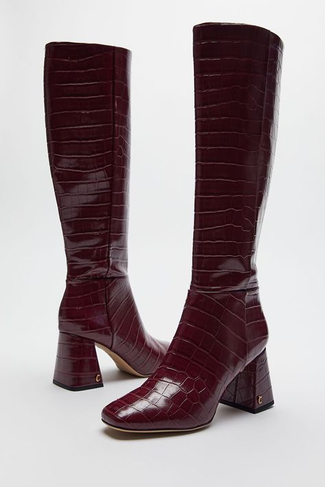 Maroon Boots, Fox Shoes, Faux Leather Boots, Rounded Square, Tall Boot, Synthetic Materials, Clothing Apparel, Fall Looks, Tall Boots