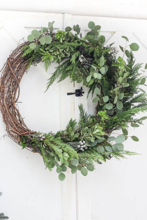 DIY | Asymmetrical Wreath Diy Magnolia Wreath, Preserved Boxwood Wreath, Diy Woodland, Hanging Christmas Lights, Cottage Market, Winter Wreaths, Natural Wreath, Felt Wreath, Magnolia Wreath