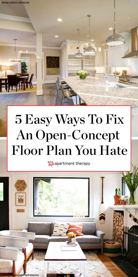 So you hate your open-concept floor plan? Here are 5 easy ways to fix it. #openconcept #openconceptmistakes #floorplan #layout #layoutmistakes #roomlayout #roomdividers #designtips #openconceptideas #openconceptlayout Open Floor Plan Decorating Ideas, Small Open Floor Plan, Open Concept Kitchen Living Room Layout, Small Open Concept, Open Concept Kitchen Living Room, Open Concept Home, Open Concept Layout, Open Concept Floor Plans, Open Concept Living Room