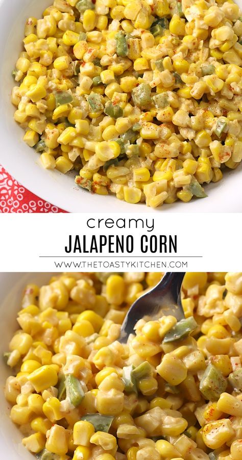 Creamy Jalapeño Corn by the Toasty Kitchen #corn #creamy #jalapeno #spicy #sidedish #homemade #fromscratch #recipe #easysidedish Cowboy Corn, Jalapeño Corn, Corn Side, Corn Recipes Side Dishes, Corn Side Dish, Creamy Jalapeno, Blackstone Recipes, Spicy Corn, Corn Dishes