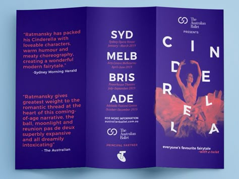 Side 1 of duotone DL brochure for The Australian Ballet's Cinderella performance. Duotone Brochure, Ballet Brochure, Ballet Cinderella, Cinderella Ballet, Design Assignments, Art Assessment, Event Brochure, Art Brochures, Australian Ballet