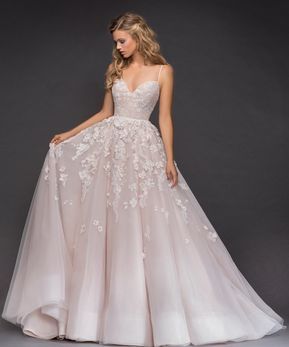 Hayley Paige Style 6814 Arden Wedding Dress Wedding Dress Rose, Light Pink Wedding Dress, Wedding Dress Spaghetti Straps, Hayley Paige Wedding, Pink Wedding Gowns, Hayley Paige Wedding Dress, Floral Wedding Gown, Light Pink Wedding, Pink Wedding Dress