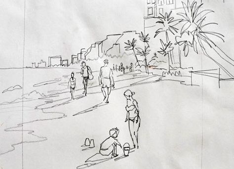 Sketching Ft. Lauderdale Beach on a Saturday afternoon is great for drawing figures. The beach is filled with figures big and small. Hats, sunglasses, shorts and bathing suits in all colors. Figuring out what to leave in and what to take out in this pencil sketch. I decided to look down the beach adding a … Beach Sketches, Beach Drawing, Scene Drawing, Watercolor Tips, Creating Texture, Watercolor Lessons, Painting People, Beach Watercolor, Watercolor Palette