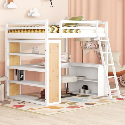 Shelves And Desk, Full Size Loft Bed, Ladder Shelves, Bed With Ladder, Books School, Loft Bed Frame, Bed With Desk, Pine Plywood, Bed Shelves