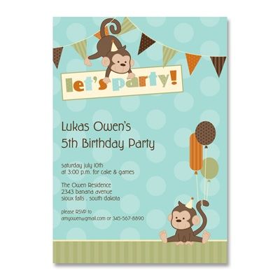 Cute little kid's birthday invitation! Two Year Old Party, Monkey Cakes, Monkey Invitations, Birthday Monkey, Sock Monkey Birthday, Monkey Birthday Party, Monkey Birthday Parties, Monkey Party, Five Little Monkeys