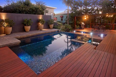 Inground Pool Decking Options & Ideas For SE QLD | Deking Decks Wood Pool Deck, Pool Deck Decorations, Decks Around Pools, Decking Options, Wooden Pool, Pool Deck Plans, Swimming Pool Decks, Glass Pool, Above Ground Pool Decks