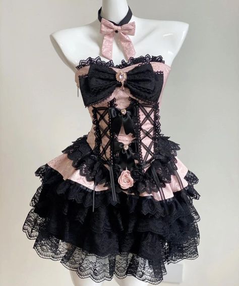 Lace Bloomers, Strapless Corset Top, Strapless Corset, Rhinestone Heart, Really Cute Outfits, Fancy Outfits, Black And Pink, Edgy Outfits, Lolita Dress