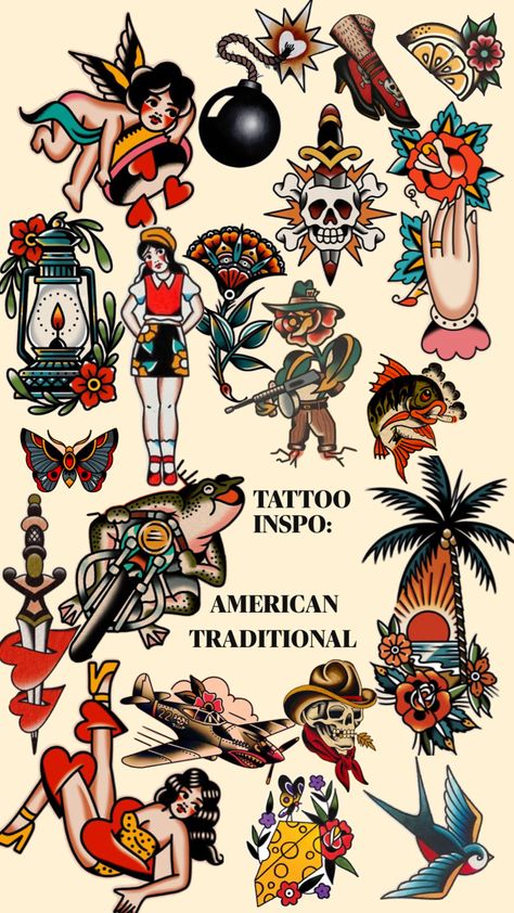 American Traditional Tattoo Inspo ❤️ Traditional Tattoo Illustration, Traditional Tattoo Arm, Traditional Sailor Tattoos, Traditional Tattoo Man, American Traditional Sleeve, Traditional Tattoo Flash Sheets, Desenhos Old School, Traditional Tattoo Drawings, Traditional Tattoo Flash Art