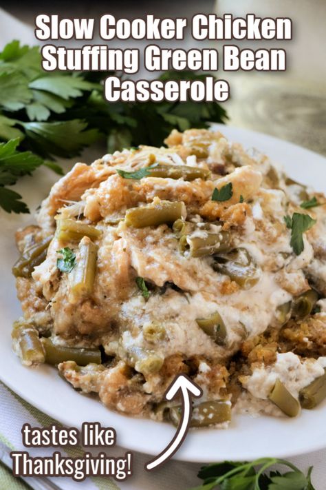 Slow Cooker Chicken Stuffing Green Bean Casserole is an easy weeknight meal the whole family will love! Tastes like Thanksgiving dinner! Chicken Stuffing Green Bean Casserole, Slow Cooker Chicken Stuffing, Stuffing Green Bean Casserole, Love Bakes Good Cakes, Slow Cooker Green Beans, Chicken Stuffing Casserole, Good Cakes, Chicken Stuffing, Slow Cooker Casserole