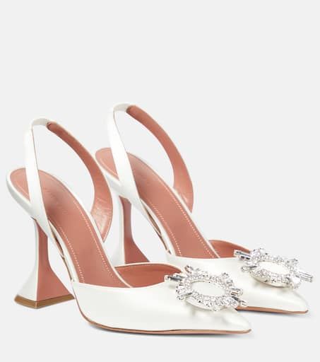 Begum satin slingback pumps in white - Amina Muaddi | Mytheresa Amina Muaddi Begum, Amina Muaddi Shoes, Heels White, Amina Muaddi, White Pumps, Bff Gifts, Slingback Pump, High Heel Pumps, Leather Tote Bag