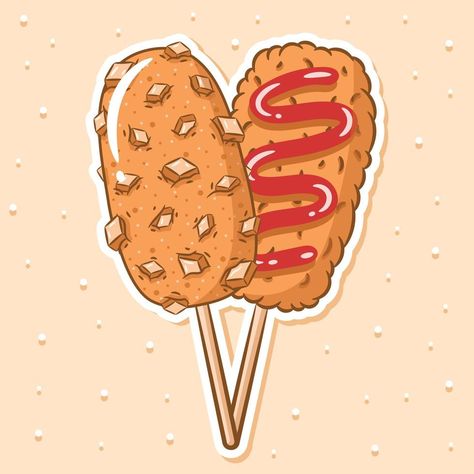 tokkebi gamja hotdog korean style drawing sticker Corn Dog Drawing, Corndog Illustration, Corndog Drawing, Corndog Logo, Korean Style Drawing, Korean Food Drawing, Korean Hotdogs, Snacks Drawing, Cartoon Logo Design