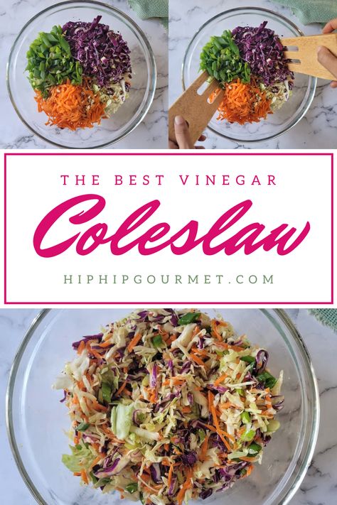 3 PHOTOS - 2 of unmixed coleslaw in a bowl, one of mixed coleslaw Coleslaw Cabbage Recipes, Vinaigrette Coleslaw Recipe, Oil And Vinegar Coleslaw, Recipe For Coleslaw, Coleslaw With Vinegar Dressing, Vinegar Coleslaw Recipe, Vinegar Based Coleslaw Recipe, Sweet Coleslaw Recipe, Balsamic Vinegarette