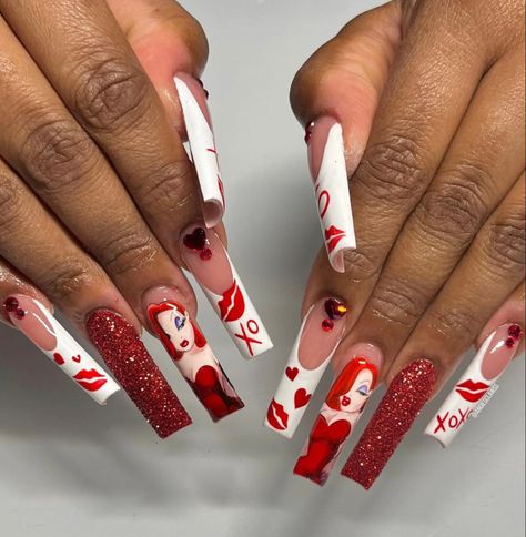 Vday Nails, Nail Designs Valentines, Long Acrylic Nails Coffin, Long Square Acrylic Nails, Bling Acrylic Nails, Square Acrylic Nails, Heart Nails, Fire Nails, Dope Nails