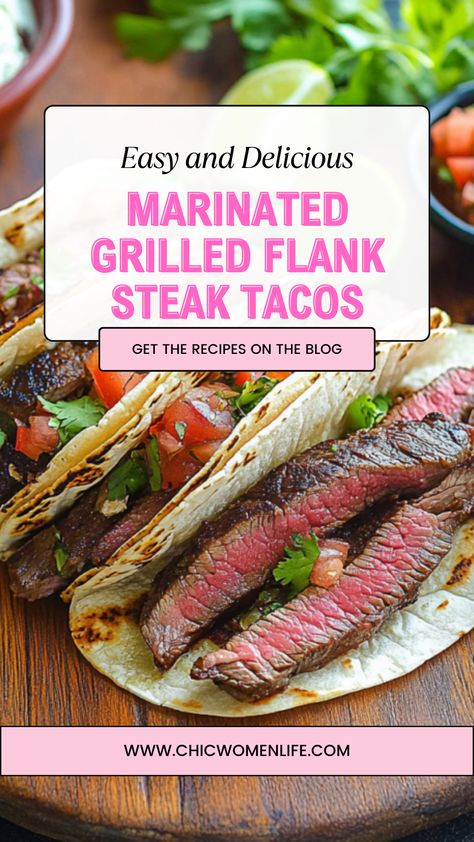 Marinated Grilled Flank Steak Tacos Flank Steak Marinade For Tacos, Flank Steak Fajita Marinade, Grilling Flank Steak, Marinade For Flank Steak, Spicy Crema, Steak Fajita Marinade, Steak Taco Recipe, Marinade Flank Steak, Flank Steak Tacos