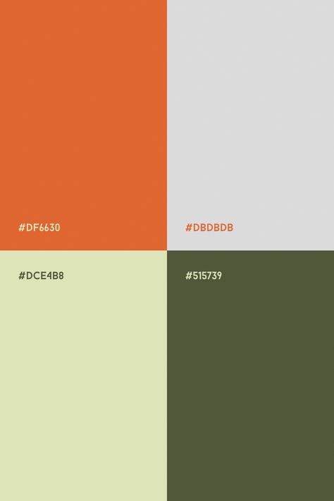 Warm color palette with orange, light gray, dark green and pale green Green And Orange Branding, Green Orange Palette, Orange Green Color Palette, Color Palette Dark Green, Farm Color Palette, Green Orange Color Palette, Green And Orange Aesthetic, Orange Green Aesthetic, Color Palette With Orange