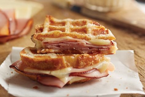 Maple Butter Recipe, Waffle Sandwiches, Grilled Ham And Cheese, Waffle Iron Recipes, Waffle Maker Recipes, Grilled Ham, Maple Butter, Waffle Sandwich, Cheap Easy Meals