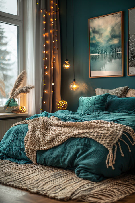 cozy bed, winter bedroom decor, christmas bedroom decor, christmas home decor, cozy bedroom Small Teal Bedroom, Throw Pillow Ideas For Bed, Bright Cosy Bedroom, Bedding For Teal Walls, Red And Teal Bedroom, Teal Room Ideas Bedrooms, Teal Accent Bedroom, Teal And Blue Bedroom, Brown And Teal Bedroom