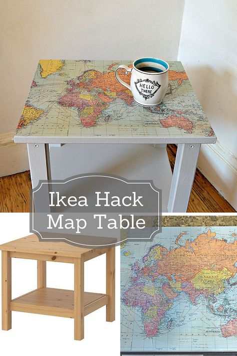 Ikea Hack Map Table - It is so easy to upcycle and transform a plain Ikea side table with some map wrapping paper and make this gorgeous map table. Map Table, Ikea Side Table, Table Ikea, Ikea Table, Diy Hanging Shelves, Map Crafts, Decor Ikea, Best Ikea, Diy Interior