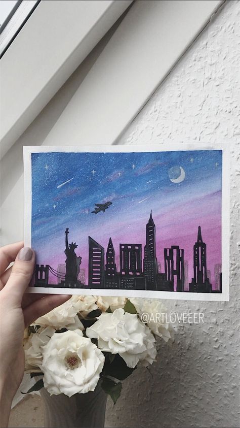 Simple Cityscape Painting, New York Skyline Painting Easy, Night City Painting Acrylic Easy, New York City Painting Acrylic Easy, New York City Painting Easy, New York Painting Easy, City Painting Acrylic Easy, City Painting Easy, Watercolour Skies