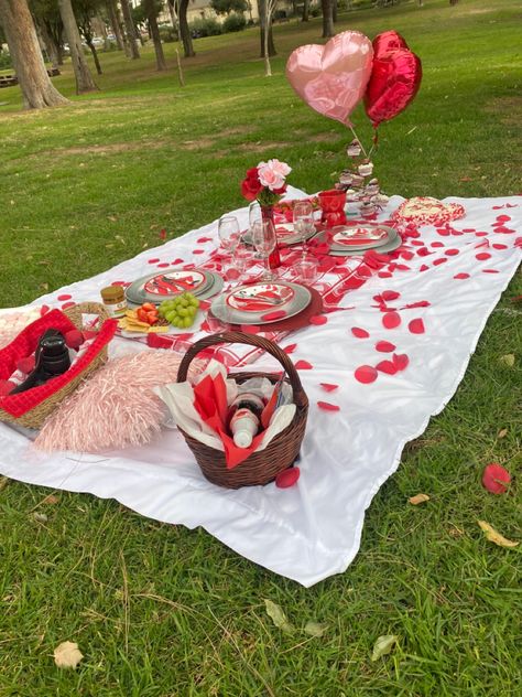 Romantic Date Picnic, Picnic Date For Boyfriend, Diy Romantic Picnic, Outside Date Ideas Backyards, Outdoor Picnic Date Ideas, Picnic Aesthetic Valentines, Valentine Picnic Set Up, One Year Anniversary Picnic, Picnic Date Valentines Day