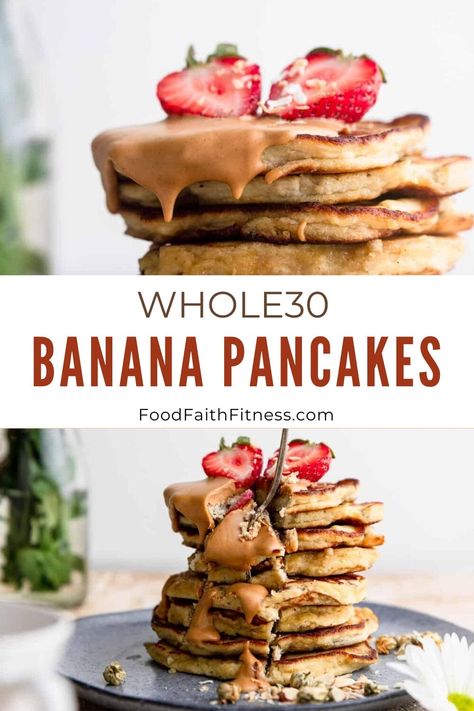 Easy, 4 ingredient Whole30 Banana Pancakes will surely make your breakfast dreams come true in the form of golden brown, pillowy flapjacks! Whole Food Pancakes, Whole 30 Breakfast Ideas Easy, Whole 30 Banana Pancakes, Whole 30 Banana Recipes, Whole 30 Waffles, 3 Ingredient Banana Pancakes, Whole30 Pancakes, Whole 30 Breakfast No Eggs, Whole 30 Breakfast Ideas