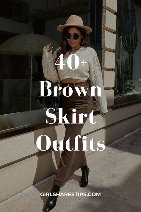 Back Mini Skirt Outfit, Long Brown Skirts Outfits, How To Style A Brown Pleated Skirt, Midi Brown Leather Skirt Outfit, Brown Velvet Skirt Outfits, Tan Suede Skirt Outfit Fall, Brown Skirt With Boots, Silk Brown Skirt Outfit, How To Style A Long Brown Skirt