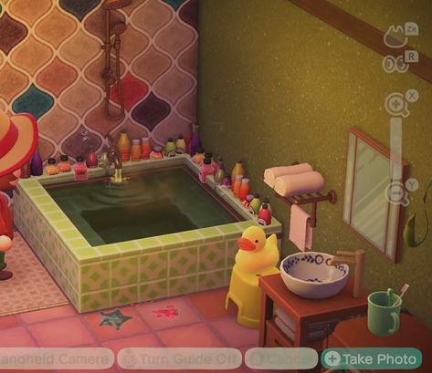 Animal Crossing Led Lights Design, Town Hall Ideas Animal Crossing, Animal Crossing Room Ideas Bathroom, Acnh Mirror Code, Animal Crossing Maximalism, Acnh Studio Apartment, Acnh Bathroom Designs, Animal Crossing Spa Ideas, Acnh Wilbur