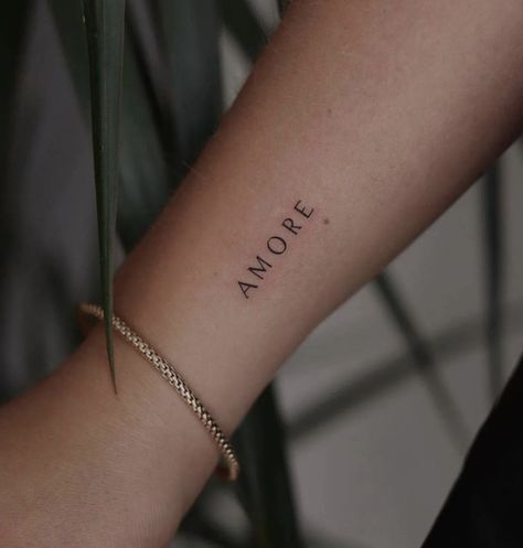 Italy Minimalist Tattoo, Simple Italian Tattoos, Amor Font Tattoo, Greek Tattoos For Women, Amore Tattoo Fonts, Small Italian Tattoos, Italian Inspired Tattoos, Italy Inspired Tattoos, Italian Tattoos For Women