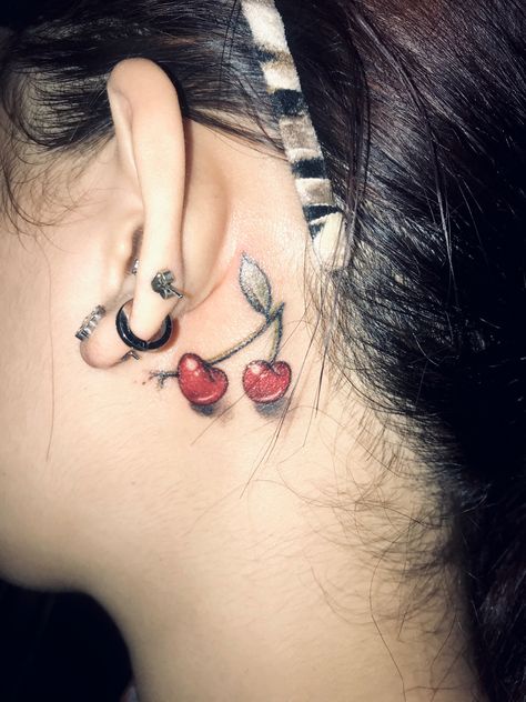 Cherry Tattoo Behind Ear, Cherry Tattoo, Cherry Tattoos, The Ear, Ear Tattoo, Behind Ear Tattoo, Tattoos And Piercings, Ear Piercings, Tatting