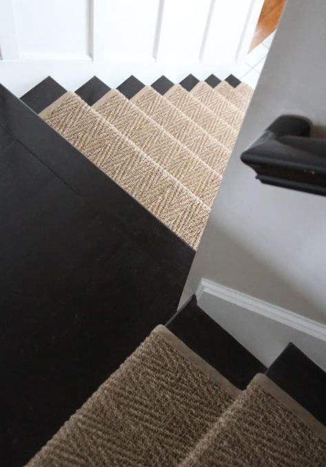 How Our Natural Fiber Stair Runner Has Held Up Stair Runner Half Landing, Styling Stair Landing, Stairs Makeover Black, No Slip Stairs, Half Carpet Stairs, Stair Runner Turned Stairs, Stair Runner With Turn, Simple Stair Runner, End Of Stairs Wall Decor