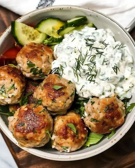 Greek Chicken Meatballs with Homemade Tzatziki Sauce Cucumber Relish Recipes, Greek Chicken Meatballs, Savory Meatballs, Homemade Tzatziki Sauce, Greek Meatballs, Herb Roasted Potatoes, Homemade Tzatziki, Greek Flavors, Tzatziki Sauce