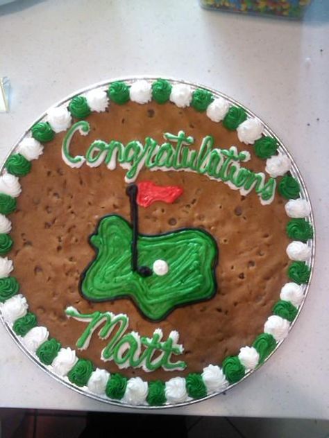 Golf themed Congratulations Cookie Cake! #nestle #nestletollhousecafe #nestletollhouse #cookie #cake #cookiecake #yum Golf Cookie Cake Birthday, Golf Cookie Cake Ideas, Golf Themed Cookie Cake, Golf Cookie Cake, Chocolate Giant Cupcake, Golf Cookies, Message Cookies, Buttercream Cookies, Giant Cookies