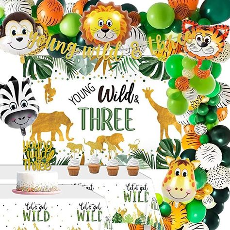 *affiliate link. FVABO Young Wild And Three Decorations - Jungle Safari Theme 3rd Birthday Decorations for Boy Girl Include Backdrop, Balloons Arch, Banner, Tablecloth, Cake Topper, Young Wild And Three Party Supplies. 3 year old party ideas. 3rd birthday ideas. 3 year old party. Wild 3rd birthday. Safari birthday. Wild And Three Decorations, 3rd Birthday Decorations, Third Birthday Boys, Jungle Safari Theme, Safari Party Decorations, Jungle Theme Birthday Party, Young Wild And Three, Wild Birthday Party, Jungle Theme Parties