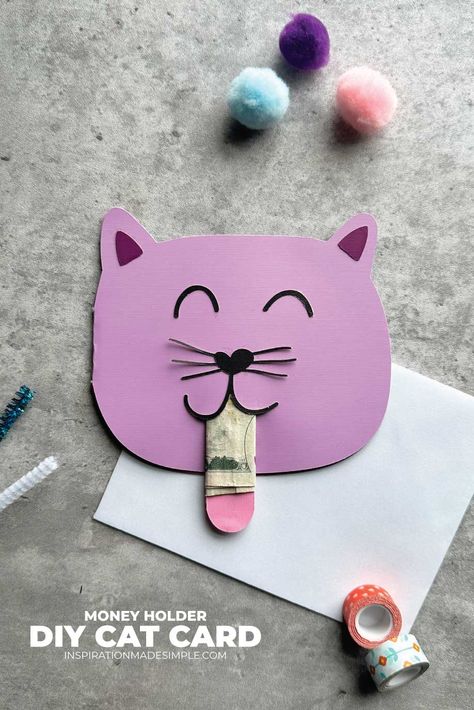 DIY Cat Card with Pull Tongue Money Holder Pop Up Cricut Card, Money Cards Holder, Money Holders Card, Diy Pop Up Cards, Money Cat, Diy Money, Money Holder, Money Holders, Diy Holder