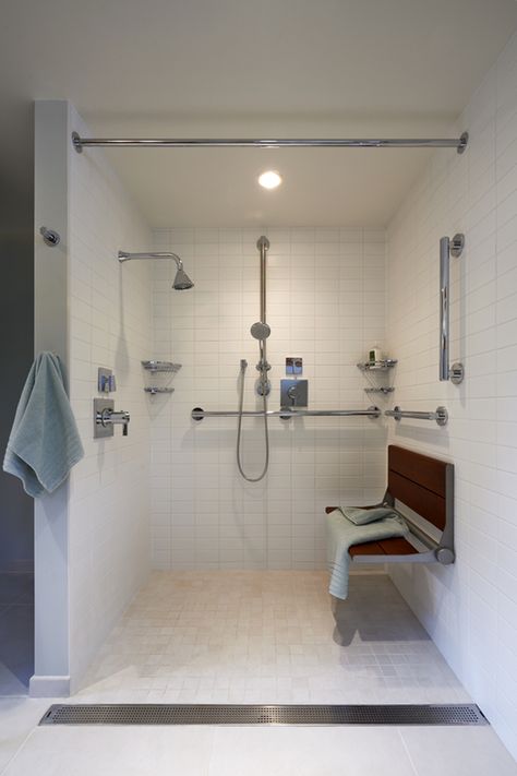 A Dream Come True – Port Townsend FabCab – FabCab Accessible Bathroom Design, Ada Bathroom, Recessed Cabinet, Accessible Bathroom, Teak Bench, Port Townsend, Aging In Place, Seat Design, House Built