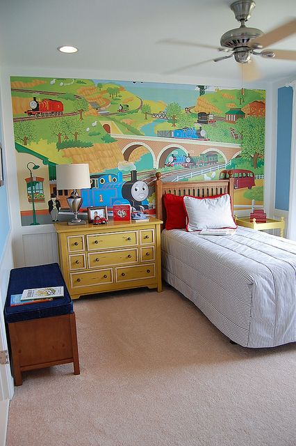 Thomas the train room! Small but sooo cute Planes Trains And Automobiles Room, Thomas The Train Room Ideas, Thomas The Train Nursery, Thomas The Train Bedroom Ideas, Thomas The Train Bedroom, Thomas The Train Room, Train Mural, Train Room Decor, Thomas Bedroom