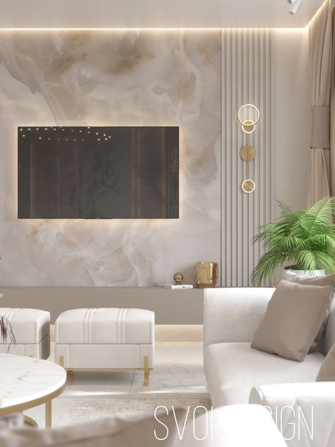 Tv Wall Design White And Gold, Marble Accent Wall Living Room, Tv Marble Wall, Marble Feature Wall Living Room, Marble Tv Feature Wall, Featured Wall Living Room, Home Interior Design Hall, Marble Living Room Wall, Beige And Gold Living Room