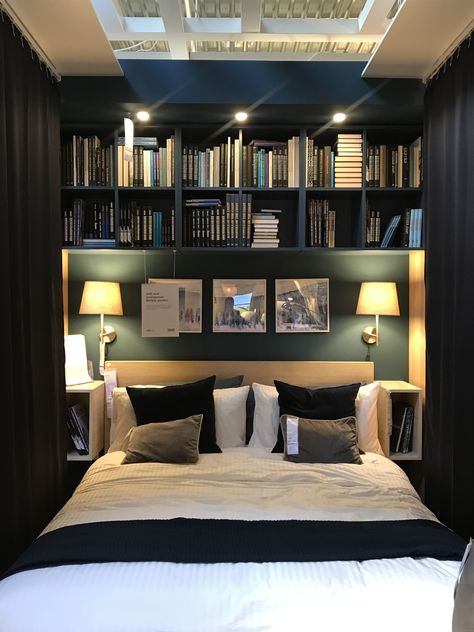 Bed Frame Bookshelf, Bed Surrounded By Bookshelves, Bookshelves Behind Bed, Bookcase Behind Bed, Bookshelves Over Bed, Bookshelf Around Bed, Diy Bookcase Headboard, Bookshelves Above Bed, Bookshelf Above Bed