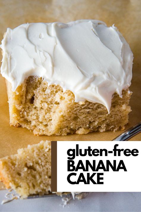 Slice of gluten-free banana cake with cream cheese frosting. Banana Sheet Cake, Banana Sheet Cakes, Gluten Free Banana Cake, Banana Snack Cake, Blueberry Muffin Recipe Easy, Banana Cake Recipe, Cake With Cream Cheese Frosting, Muffin Recipes Blueberry, Gluten Free Banana