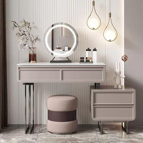 Tabletop: Sintered StoneLegs: Gold-Plated Stainless SteelDrawers: Solid Pine Wood, Microfiber LeatherStool: Microfiber Leather Bedroom Interior Furniture, Diy Vanity Table, Grey Dressing Table, Makeup Tables, Dressing Table Organisation, Modern Makeup Vanity, Modern Makeup, Shelves Design, Vanity Sets