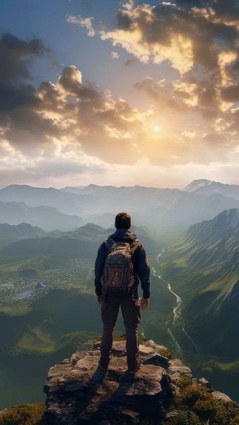 Photo of a backpacker on the top of the mountain. AI generated Image by rawpixel.  | premium image by rawpixel.com / Tung Tourism Images, Travel Magazine Design, Iphone Wallpaper Dark, Image Cloud, Best Video Ever, Tøp Wallpaper, Bull Tattoos, Top Of The Mountain, Adventure Backpack