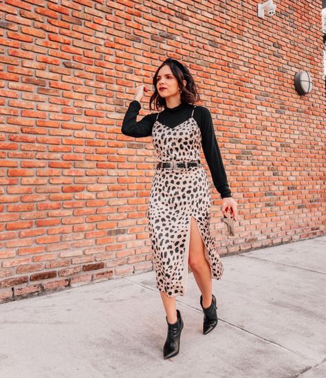 DANIELA RAMIREZ on Instagram: “🐆Another outfit idea with the leopard slip dress: add a turtleneck underneath for an extra layer during the colder months! PLUS  add…” Bodysuit Under Slip Dress, Long Sleeve Under Slip Dress, Strappy Dress With Shirt Underneath, Dresses With Long Sleeves Underneath, Dresses With Turtle Neck Underneath, Layered Dress Outfit Winter, Top Under Dress Outfits, Sweater Under Dress Outfit, Leopard Slip Dress Outfit