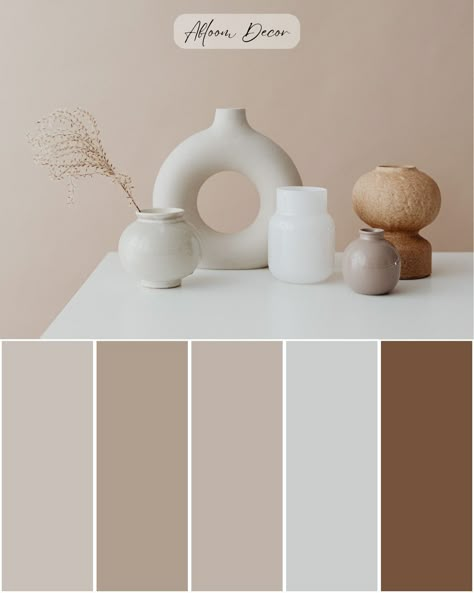 Neutral color palette hex codes and Sherwin-Williams paint color matches are included in my blog post! If you love the minimalist aesthetic, I think you will enjoy this minimalist color palette. It is inspired by a photo of decorative vases in various neutral colors that I stumbled upon. In my blog, I share some tips and tricks to incorporate these colors into home decor. Get ready to be inspired! Neutral House Color Palette, Neutral Colour Palette Living Room, Clean Minimal Color Palette, Japandi Wall Color Palette, Colour Palette For Office Interior, Minimalist House Color Palette, Color Palette Bathroom Colour Schemes, Med Spa Color Palette, Color Palette For Office