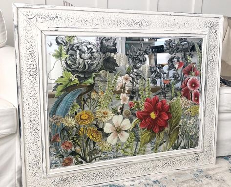 Transforming a Mirror into a Piece of Art with IOD Transfers Furniture Transfers On Mirrors, Decals On Mirrors, Prima Transfers On Mirror, Iod Transfers On Mirrors, Transfers On Mirrors, Mirror Transfers, Furniture Transfer Ideas, Mirror Redo, Iod Stamps