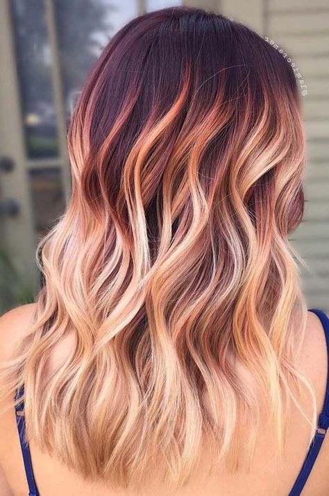 dark-red-to-blonde-curly-medium-length-hair-what-is-ombre-hair-blue-straps Rambut Brunette, Blond Ombre, Brunette Balayage, Red To Blonde, Ombré Hair, Winter Hair Color, Platinum Blonde Hair, Ombre Hair Color, Red Hair Color